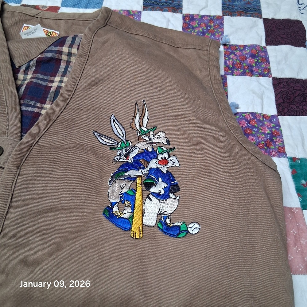 Vintage RARE Looney Tunes Safari Vest Size Small Cartoon Flannel Lined - Picture 3 of 10